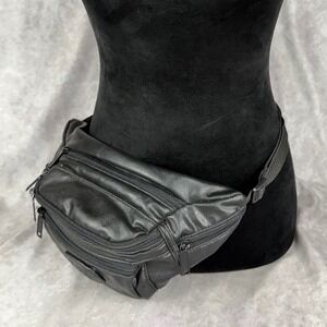 Vtg Flight Pax Black Leather Fanny Pack Multi-Pocket Travel Waist Bag 90s 80s